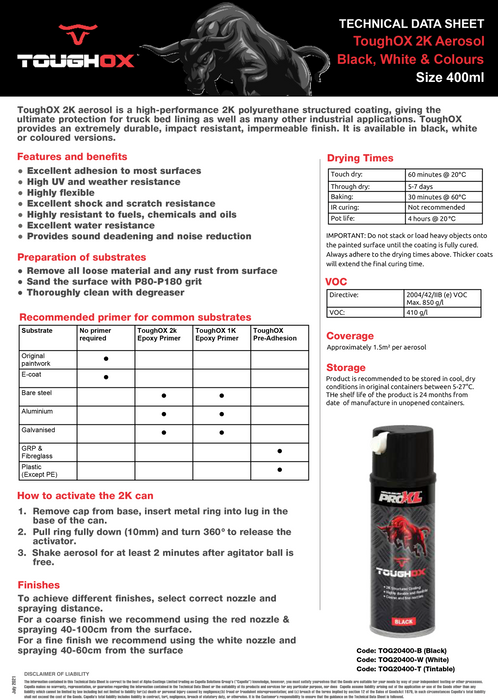 ProXL ToughOx Tintable Truck Bed Liner Aerosol, 400ml, 2K Polyurethane Coating