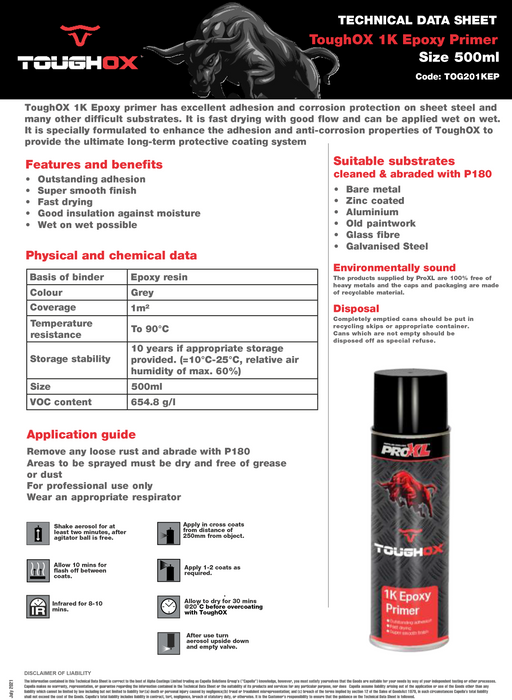 ProXL ToughOX 1K Epoxy Grey Primer Aerosol, 500ml, Fast Drying, Outstanding Adhesion