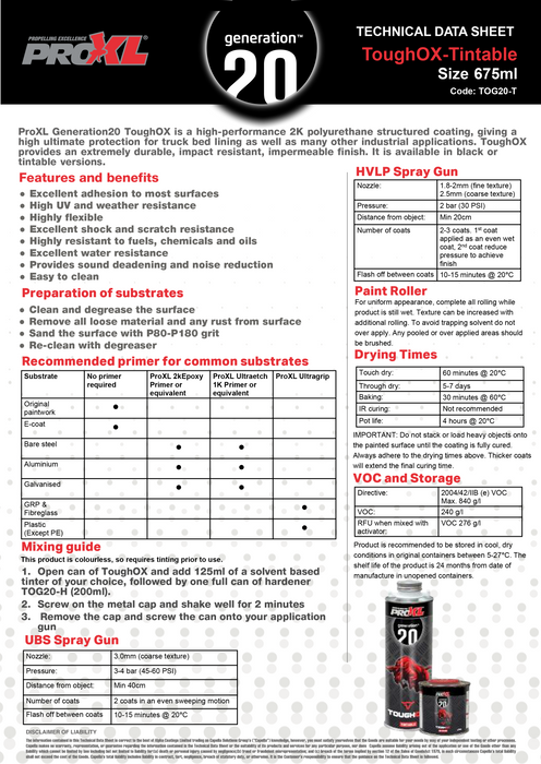 ProXL ToughOx Truck Bed Liner - Tintable 1 Litre Kit, Hardener Included