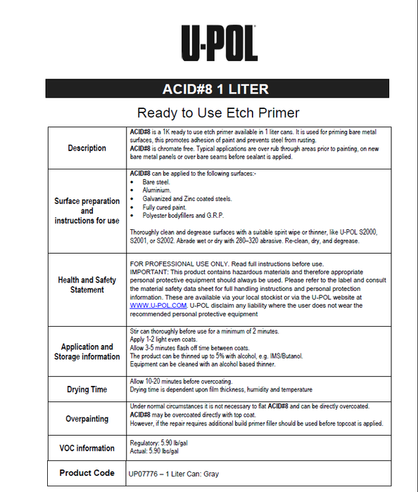 Upol Acid 8 1K Grey Acid Etch Primer 1 Litre